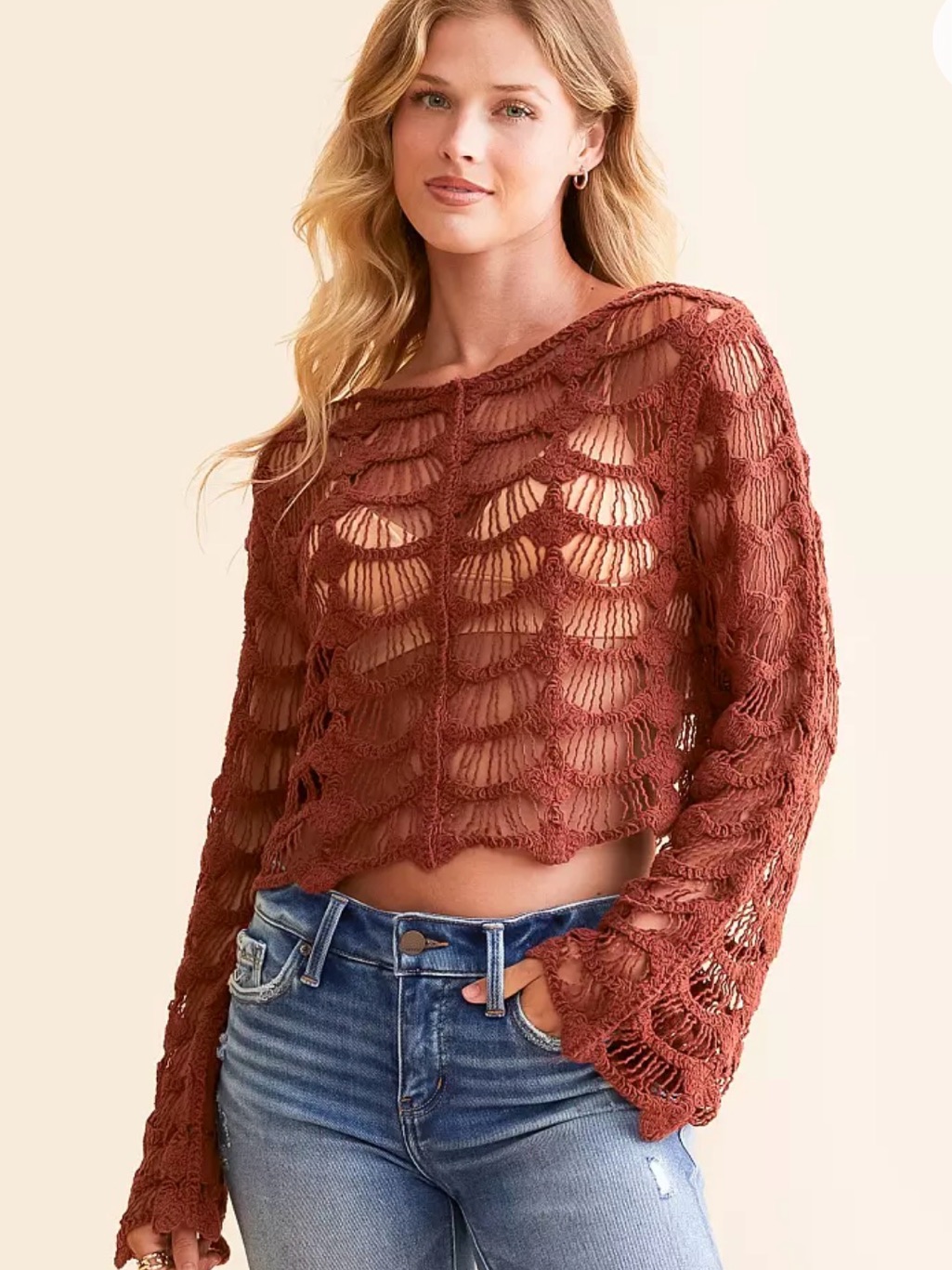 Crochet Open Knit Crop Top - Rust